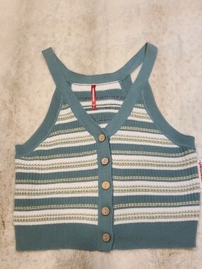 UNIONBAY Teal and White Striped V-Neck Button Front Sweater Tank